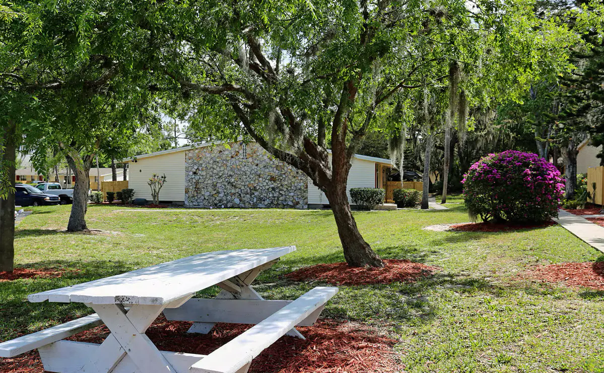 Shaded courtyard and picnic tables among Morningside apartment homes